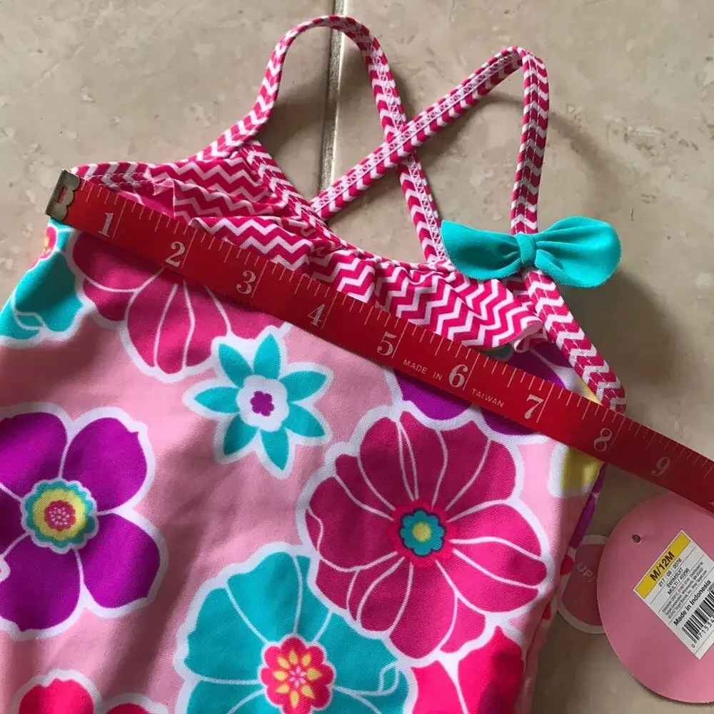Circo Girls‎ Swimsuit Size 6-12 Mo Pink Floral Flowers UPF 50+ Bathing Suit NEW